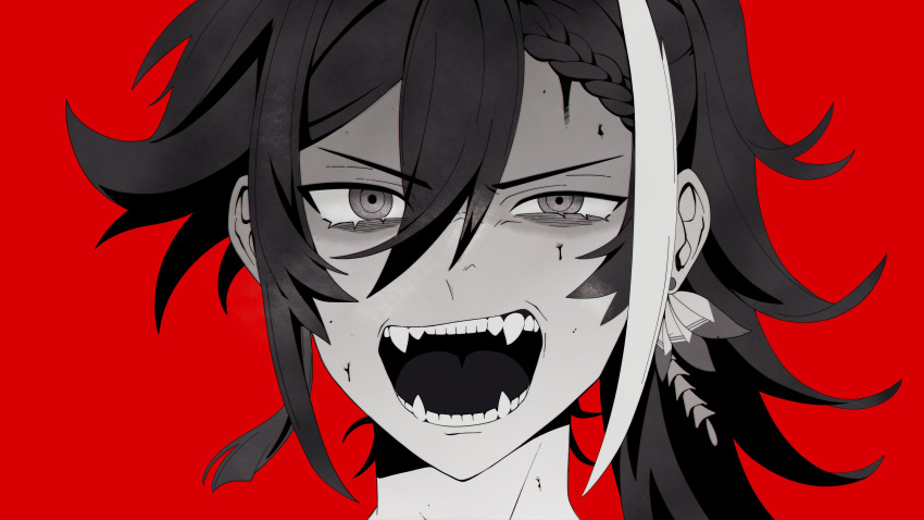 1boy absurdres angry banzoin_hakka blood blood_on_face braid close-up earrings english_commentary eyelashes fangs fangs_out feather_earrings feathers hair_between_eyes half-closed_eye highres hiropon_(owo_hiropon) holostars holostars_english jewelry long_hair looking_at_viewer male_focus multicolored_hair open_mouth ponytail portrait red_background ringed_eyes side_braid solo teeth two-tone_hair virtual_youtuber