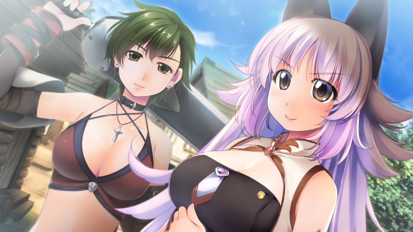 2girls animal_ears atelier-moo bare_shoulders bikini breasts brown_eyes collar detached_sleeves green_hair grey_eyes hair_between_eyes highres holding holding_sword holding_weapon jewelry large_breasts long_hair long_sideburns mana_(our_battle_has_just_begun!) multiple_girls necklace our_battle_has_just_begun! short_hair sideburns smile standing swimsuit sword taylor_(our_battle_has_just_begun!) town weapon wolf_ears wolf_girl