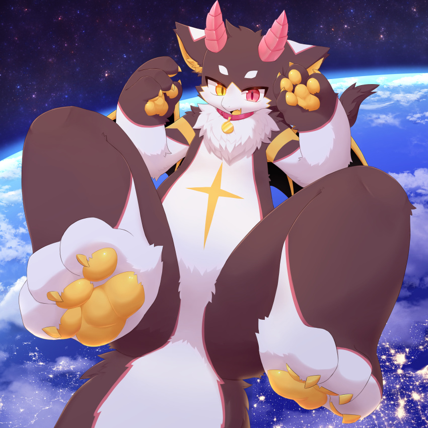 1:1 2023 3_toes 4_fingers absurd_res anthro arm_tuft biped black_wings brown_body brown_ears brown_fur brown_tail chest_markings claws cloud collar collar_only collar_tag colored countershade_face countershade_fur countershade_tail countershade_torso countershading cute_fangs digital_media_(artwork) dragon earth featureless_crotch feet fingers floating front_view full-length_portrait fur furred_dragon furred_scalie glistening glistening_pawpads gloves_(marking) heterochromia hi_res hindpaw horn kemono leg_markings lodel looking_at_viewer male mammal markings membrane_(anatomy) membranous_wings midair multicolored_ears multicolored_tail mythological_creature mythological_scalie mythology neck_tuft night nude null open_mouth open_smile outside pawpads paws pink_horn planet portrait pupils red_eyes ridged_horn scalie shaded shoulder_tuft sky slit_pupils smile socks_(marking) solo space spacescape star starry_sky tail thick_tail toe_claws toes tongue tuft two_tone_tail two_tone_wings white_body white_countershading white_ears white_fur white_tail wings yakimo yellow_body yellow_claws yellow_eyes yellow_fur yellow_inner_ear yellow_markings yellow_pawpads yellow_tongue yellow_wings