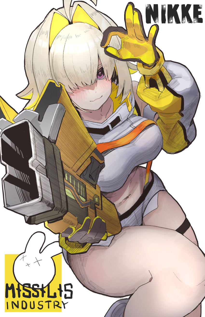 absurdres ahoge blonde_hair blush boomstick_(nikke) breasts collarbone copyright_name detached_sleeves dezi elegg_(nikke) exposed_pocket feet_out_of_frame female goddess_of_victory:_nikke gun hair_intakes hair_over_one_eye highres holding holding_gun holding_weapon knee_up long_sleeves looking_at_viewer micro_shorts midriff navel ok_sign parted_bangs purple_eyes short_hair shorts simple_background solo suspenders thigh_strap thighs two-tone_gloves weapon white_background