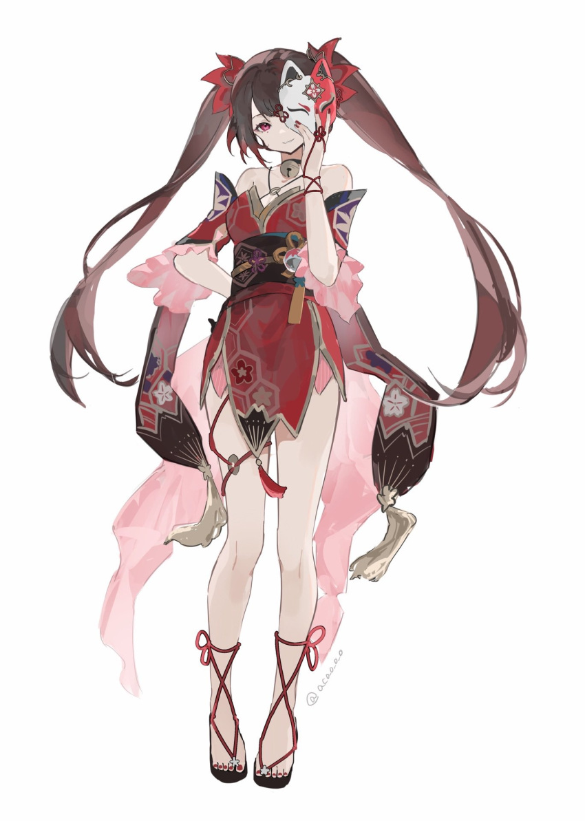 aco_gbfg bare_legs bell black_choker black_sash breasts brown_hair choker commentary dress female fox_mask full_body hand_up highres holding holding_mask honkai:_star_rail honkai_(series) long_hair looking_at_viewer mask nail_polish neck_bell obi okobo purple_eyes red_dress sandals sash simple_background small_breasts smile solo sparkle_(honkai:_star_rail) standing symbol-only_commentary toenail_polish toenails twintails very_long_hair white_background