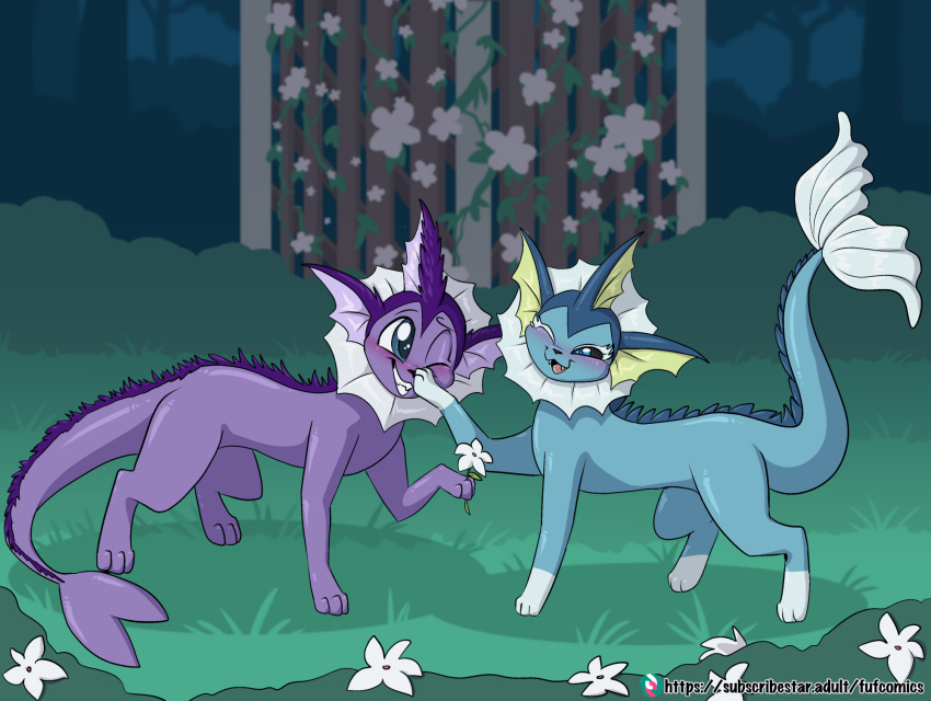 2024 blue_body blush duo eeveelution female feral flower forest fuf generation_1_pokemon gloves_(marking) hi_res male markings nintendo offering_flower one_eye_closed open_mouth outside plant pokemon pokemon_(species) purple_body tail tree vaporeon wink