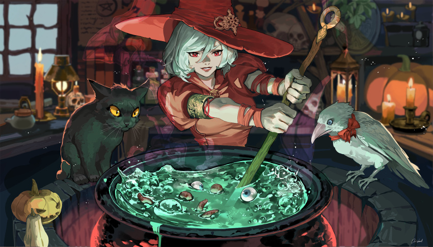 bird black_cat candle cauldron crow dress eyeball feline female grey_hair hat highres indoors lantern ori_dal original parted_lips puffy_short_sleeves puffy_sleeves red_dress red_eyes red_hat short_sleeves skull solo stirring white_bird witch witch_hat