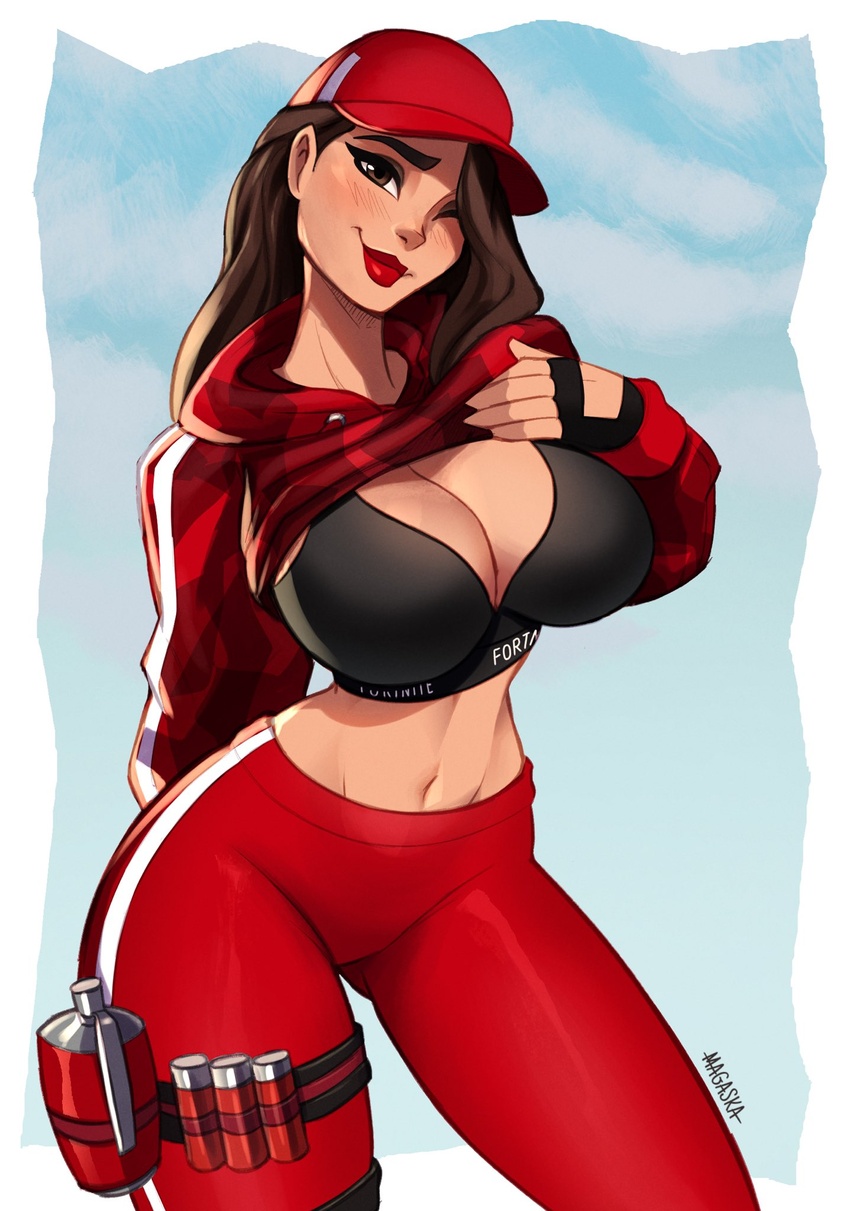 artist_name baseball_cap black_bra black_gloves bra breasts brown_eyes brown_hair camouflage camouflage_hoodie clothes_lift commentary copyright_name english_commentary female fingerless_gloves fortnite gloves hat highres hood hoodie hoodie_lift large_breasts long_hair looking_at_viewer magaska navel one_eye_closed pants red_hat red_hoodie red_lips red_pants ruby_(fortnite) solo thigh_strap underwear