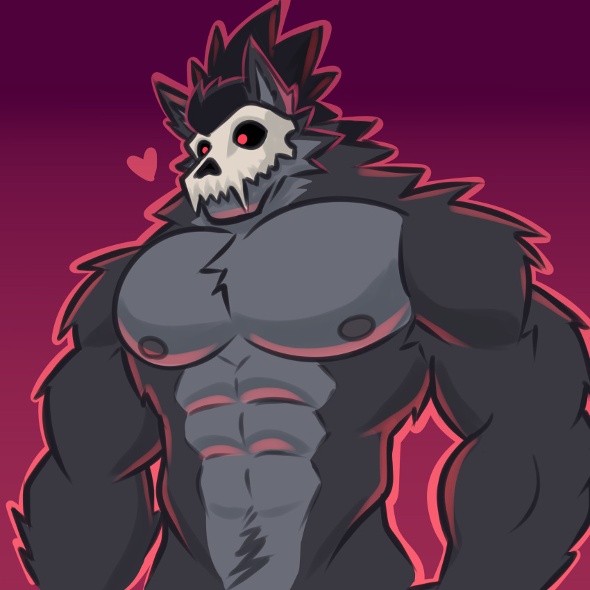 1:1 abs absurd_res anthro areola biceps black_body black_fur black_hair fur grey_areola grey_body grey_ears grey_fur grey_inner_ear hair heart_symbol hi_res mako_(pumpking_wolf) male male_anthro mask mask_only multicolored_body multicolored_fur muscular muscular_anthro muscular_male nude nude_anthro nude_male outline pecs pink_outline ponytail prick_ears pumpking_wolf purple_background red_eyes simple_background skull_mask solo two_tone_body two_tone_fur white_mask