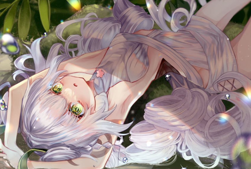 braid breasts dress duel_monster female green_eyes hair_ornament highres long_hair looking_at_viewer low_twintails lying on_back open_mouth sleeveless solo traptrix_genlisea twin_braids twintails very_long_hair white_hair yu-gi-oh! zhu_xiang