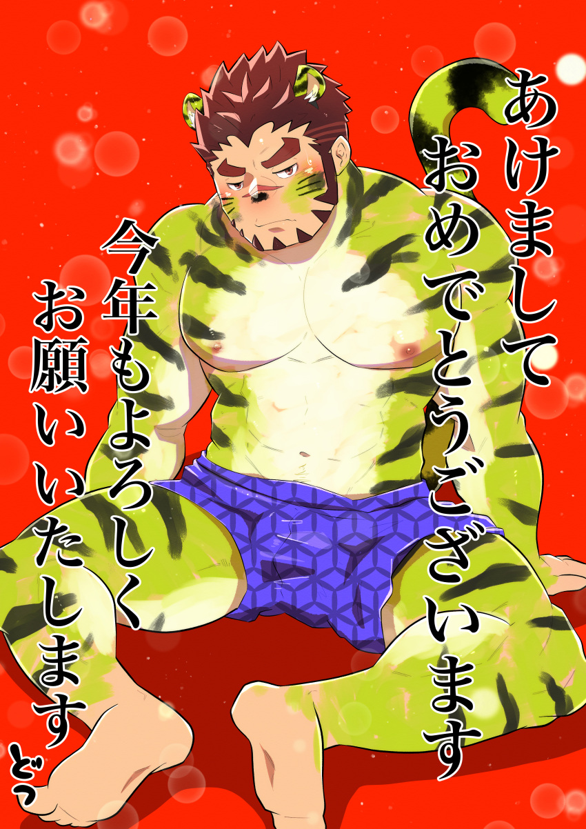 1boy abs absurdres akashi_(live_a_hero) animal_ears bara blurry blush bodypaint bokeh boxers chinese_zodiac depth_of_field dotsu_(wtnbkwiyd) embarrassed facial_hair frown goatee highres kemonomimi_mode large_pectorals live_a_hero long_sideburns looking_at_viewer male_focus male_underwear muscular muscular_male navel nipples pectorals red_background red_eyes red_hair scar scar_on_face scar_on_nose short_hair sideburns sitting solo sparse_navel_hair spread_legs stomach tail thick_eyebrows tiger_boy tiger_ears tiger_stripes tiger_tail topless_male translation_request underwear year_of_the_tiger