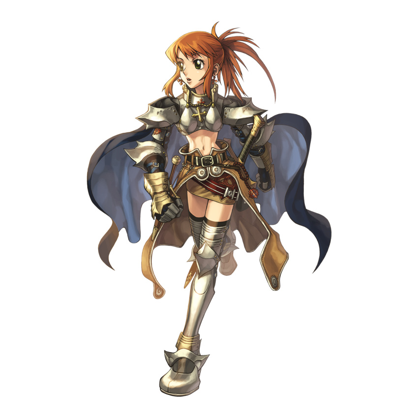 2000s_(style) armor armored_boots belt black_belt black_thighhighs blue_cape boobplate boots brown_cape brown_hair brown_skirt cape crop_top cross cross_of_prontera female full_body gauntlets green_eyes high_ponytail highres long_hair looking_afar medium_bangs midriff myung-jin_lee navel official_art open_mouth paladin_(ragnarok_online) pauldrons ragnarok_online running scabbard sheath shoulder_armor sidelocks simple_background skirt solo tachi-e thighhighs transparent_background waist_cape