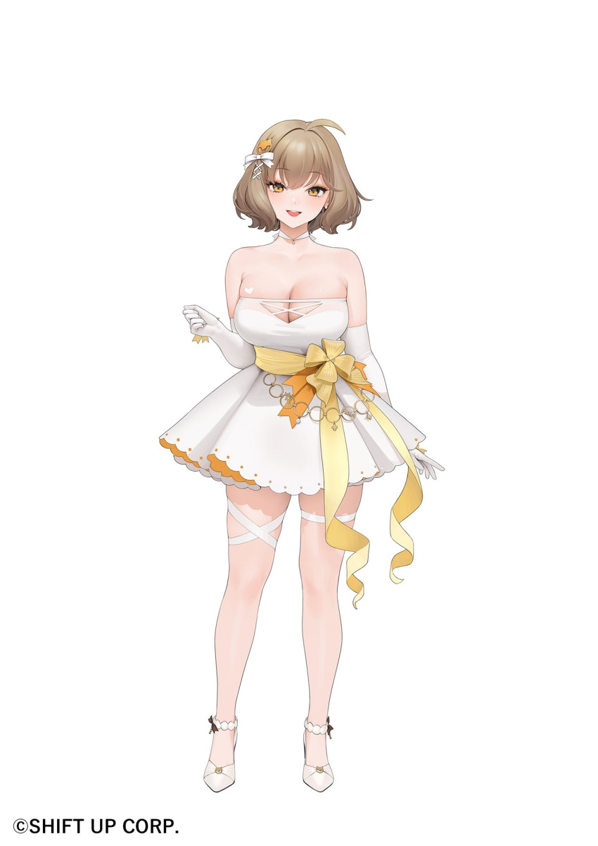 anis_(nikke) bare_shoulders bow bow_flower breasts brown_hair cowlick dress earrings female frilled_bow frills goddess_of_victory:_nikke hair_ornament hairbow heart high_heels highres jewelry large_breasts long_sleeves official_alternate_costume ohisashiburi short_hair shorts skindentation smile standing upper_body white_background white_dress white_shorts white_sleeves x_hair_ornament yellow_eyes