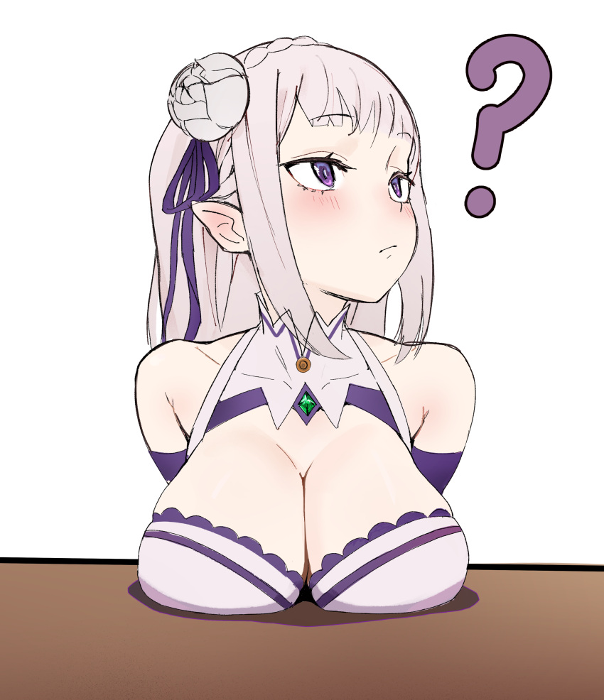 ? absurdres bare_shoulders blush braid breast_rest breasts breasts_on_table cinndvl cleavage crown_braid desk detached_sleeves elf emilia_(re:zero) female flower gem green_gemstone hair_flower hair_ornament hair_ribbon highres large_breasts long_hair looking_to_the_side pointy_ears pov_across_table purple_eyes purple_ribbon re:zero_kara_hajimeru_isekai_seikatsu ribbon rose sitting solo table upper_body white_background white_flower white_hair white_rose wooden_table