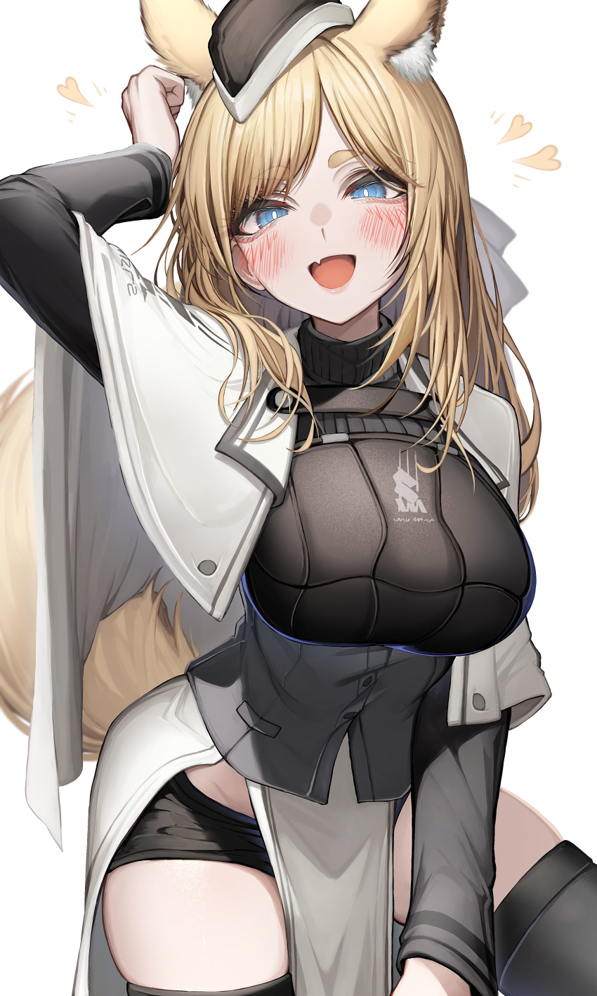 :d absurdres animal_ears arknights black_hat blonde_hair blue_eyes breasts commentary_request female garrison_cap hat highres horse_ears horse_girl horse_tail large_breasts long_hair looking_at_viewer open_mouth simple_background smile solo tab_head tagme tail thighs whislash_(arknights) white_background