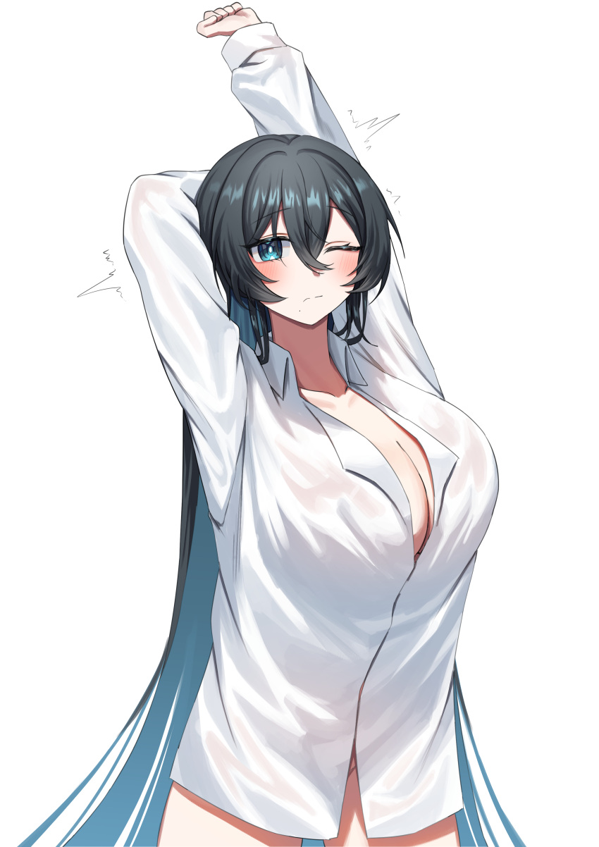 ;/ absurdres aqua_eyes aqua_hair arm_behind_head arms_up black_hair blush breasts bright_pupils cleavage collared_shirt colored_inner_hair commission counter:side cowboy_shot dress_shirt english_commentary female hair_between_eyes highres jinggun large_breasts long_hair long_sleeves mole mole_under_mouth motion_lines multicolored_hair naked_shirt one_eye_closed partially_unbuttoned plaga_(counter:side) raised_eyebrows shirt simple_background solo stretching twitching very_long_hair white_background white_pupils white_shirt