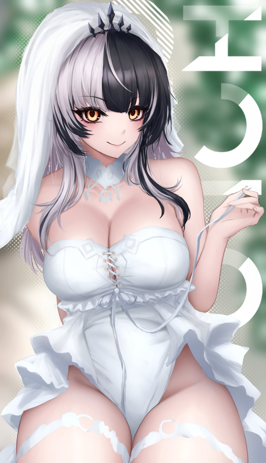 absurdres bare_arms bare_shoulders black_hair black_tiara blush breasts bridal_lingerie bridal_veil bride cleavage closed_mouth commentary cross-laced_clothes cross-laced_leotard english_commentary female grey_hair groin highleg highleg_leotard highres hololive hololive_english jdnyang large_breasts leotard lingerie long_hair looking_at_viewer multicolored_hair shiori_novella showgirl_skirt sidelocks smile solo split-color_hair strapless strapless_leotard thick_thighs thighhighs thighs tiara underwear untying veil virtual_youtuber white_leotard white_thighhighs white_veil yellow_eyes