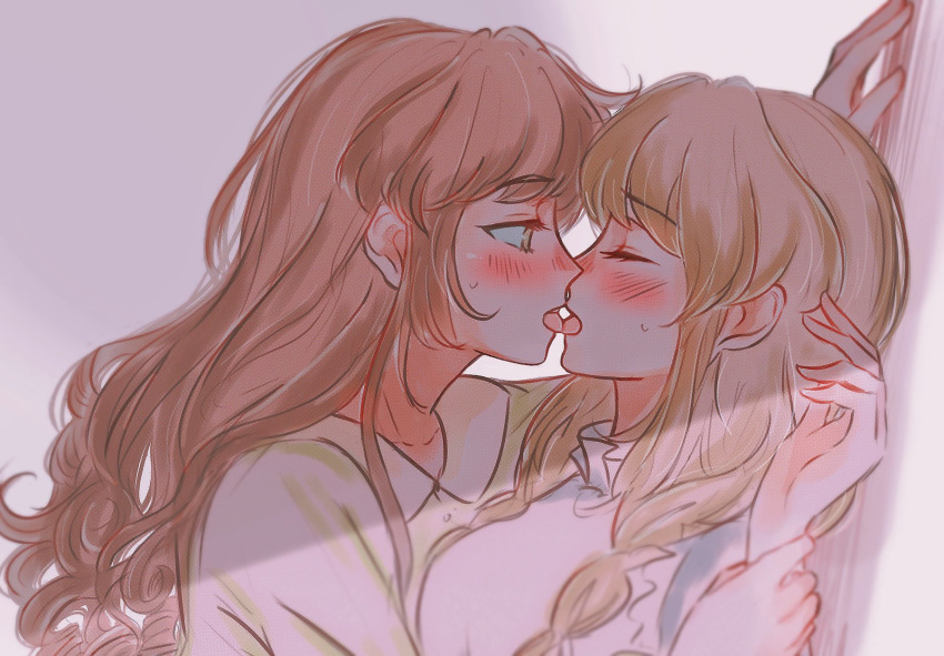 2girls blush brown_hair closed_eyes commentary french_kiss freya_(little_goody_two_shoes) green_shirt highres holding_another's_wrist k_(nextstopplease) kabedon kissing lebkuchen_(little_goody_two_shoes) little_goody_two_shoes long_hair looking_at_another multiple_girls shade shirt sweatdrop tongue tongue_out upper_body white_shirt yuri