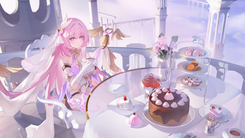 absurdres bare_legs bare_shoulders black_shorts cake cake_slice chocolate_cake closed_mouth clothing_cutout commentary cup diamond-shaped_pupils diamond_(shape) elysia_(herrscher_of_human:_ego)_(honkai_impact) elysia_(honkai_impact) female flower food food_request fork gloves hair_ornament highres holding holding_cup honkai_(series) honkai_impact_3rd huangyou_ban_rousong legs leotard long_hair looking_at_viewer on_chair pink_flower pink_hair plate purple_eyes shorts side_cutout sitting smile solo symbol-shaped_pupils table teacup vase very_long_hair white_gloves white_leotard white_veil