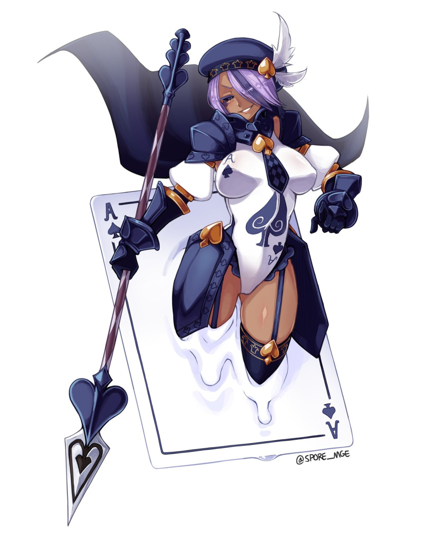 ace_(playing_card) ace_of_spades argyle_clothes argyle_necktie armor artist_name beret black_cape black_garter_straps black_hair black_hat black_necktie black_sclera black_thighhighs breasts breasts_apart cape card colored_sclera commentary commission dark-skinned_female dark_skin english_commentary evil_smile faulds female frilled_leotard frills garter_straps gauntlets hair_over_one_eye half-closed_eyes hat hat_feather highres holding holding_polearm holding_weapon large_breasts leotard looking_at_viewer mark_under_eye monster_girl_encyclopedia multicolored_hair necktie parted_lips pauldrons playing_card polearm puffy_sleeves purple_hair short_hair short_necktie shoulder_armor simple_background smile solo spade_(shape) spade_facial_mark spear spore_mge streaked_hair tassets thighhighs trumpart_(monster_girl_encyclopedia) twitter_username two-tone_hair v-shaped_eyebrows weapon white_background white_leotard