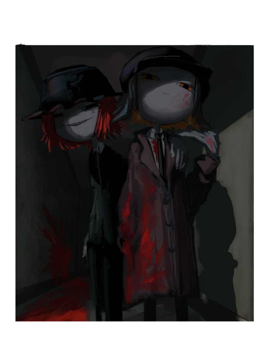 28_berakhah ambiguous_gender black_hat blood blood_on_clothes blood_on_face border colored_sclera expressionless hat highres original red_hair red_sclera shadow smile stick_figure teeth white_border