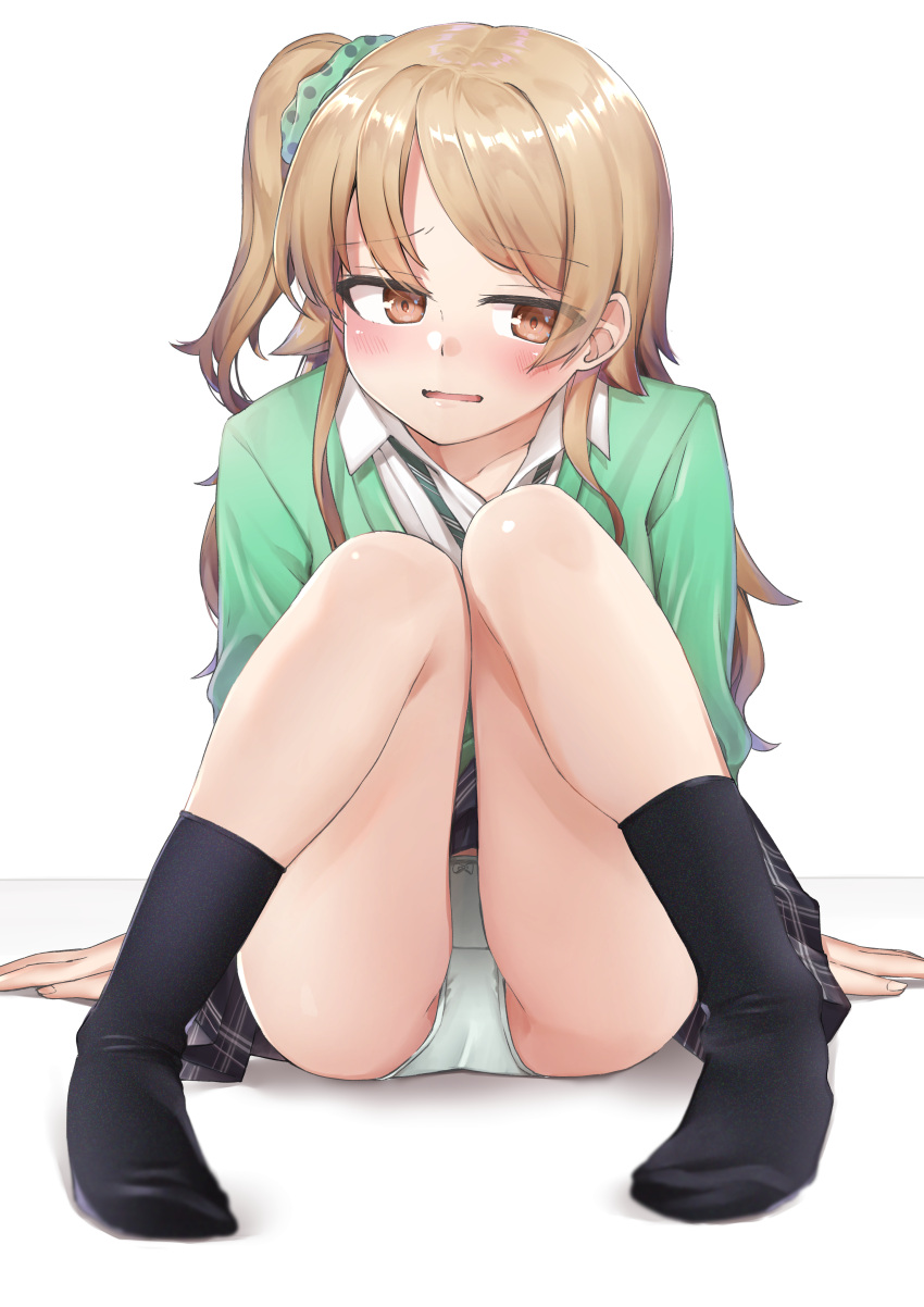 absurdres black_socks blush brown_eyes cardigan collared_shirt deko_isu female full_body gyaru highres idolmaster idolmaster_cinderella_girls light_brown_hair long_hair looking_at_viewer morikubo_nono one_side_up panties parted_lips scrunchie shirt sitting socks solo underwear wavy_mouth white_panties