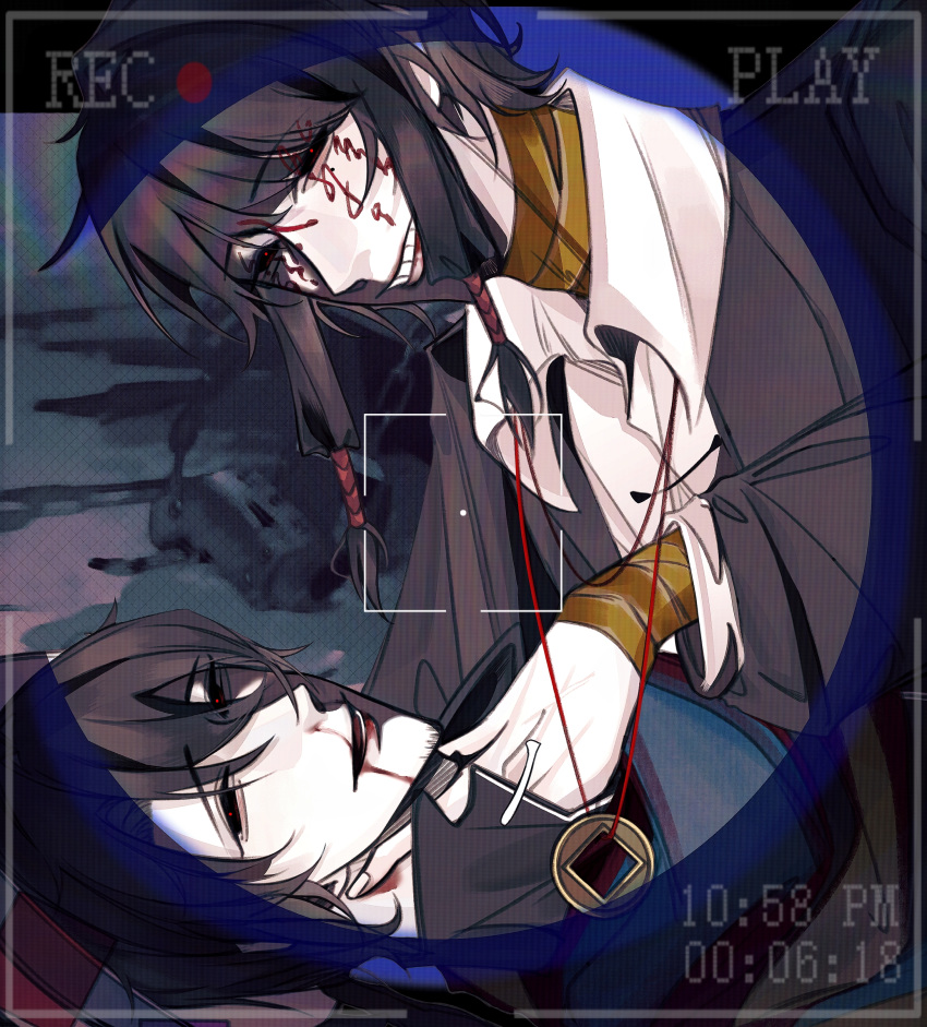 2boys absurdres black_eyes black_hair black_jacket blood blood_from_mouth blood_on_face chenyuanlo chinese_commentary coin coin_on_string collared_shirt commentary_request facepaint grin hair_between_eyes highres holed_coin huai_yunqing jacket male_focus multiple_boys open_clothes open_jacket open_mouth recording shirt short_hair_with_long_locks smile touqi_guaitan viewfinder white_shirt ziche_fuzhao