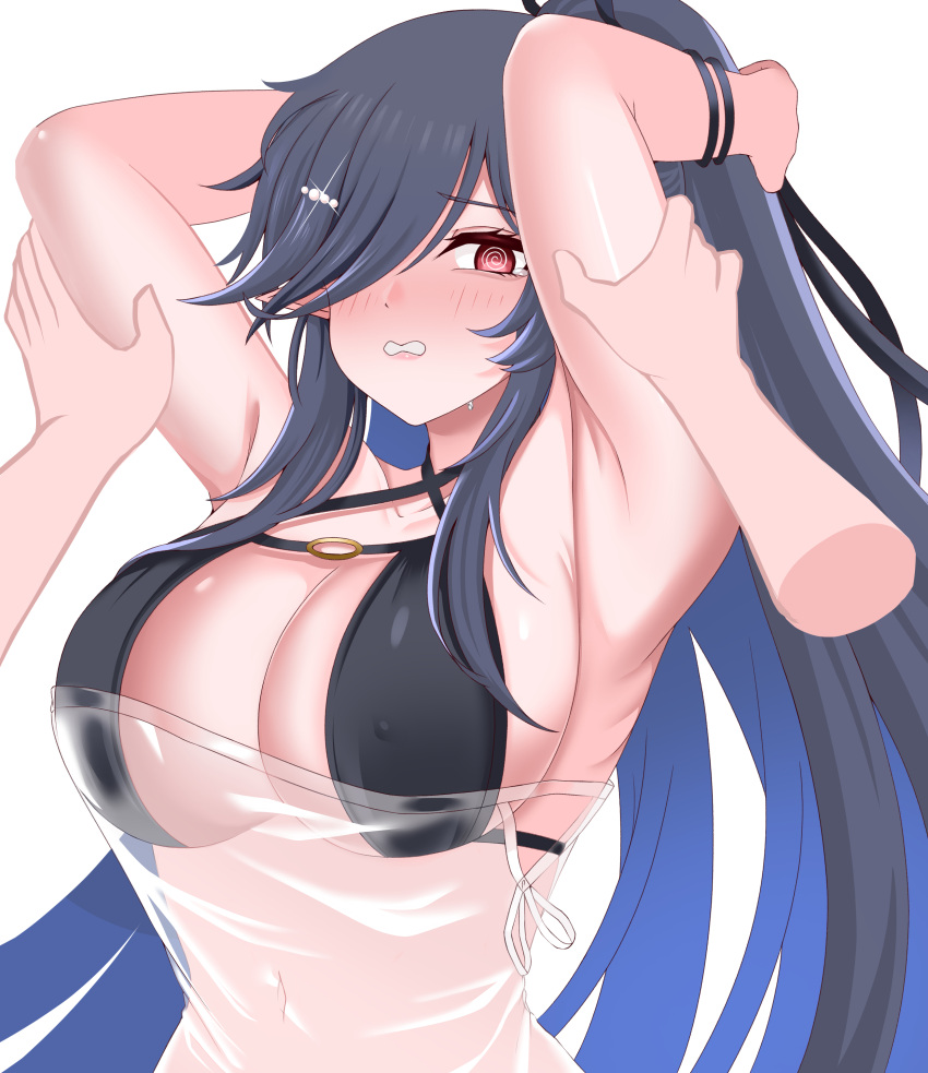 1other @_@ absurdres armpits arms_up bare_arms bikini black_bikini black_ribbon blush bracelet breasts cleavage clenched_teeth collarbone ear_blush eda_(epic_seven) emgh7234 epic_seven female gradient_hair grey_hair hair_ornament hair_over_one_eye hair_ribbon hairclip high_ponytail highres jewelry large_breasts long_hair looking_at_viewer looking_to_the_side multicolored_hair navel nervous nervous_sweating nose_blush official_alternate_costume pink_lips pointy_ears ponytail pov pov_hands puffy_nipples red_eyes ribbon see-through_clothes see-through_shirt shade shirt sideboob simple_background solo standing stomach sweat sweatdrop swimsuit teeth white_background