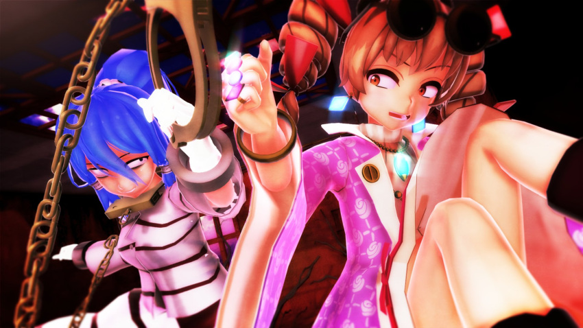 2girls 3d drill_hair jo'on_yorigami mikumikudance mizuchi_miyadeguchi smile touhou