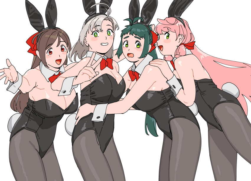 4girls absurdres akashi_(kancolle) alternate_costume animal_ears black_leotard black_pantyhose bow bowtie breasts brown_eyes cowboy_shot detached_collar fake_animal_ears green_eyes green_hair grey_hair highres irako_(kancolle) kantai_collection kinugasa_(kancolle) kinugasa_kai_ni_(kancolle) large_breasts leotard long_hair mamiya_(kancolle) medium_breasts multiple_girls ojipon pantyhose pink_hair playboy_bunny rabbit_ears rabbit_tail red_bow red_bowtie red_eyes tail v wrist_cuffs