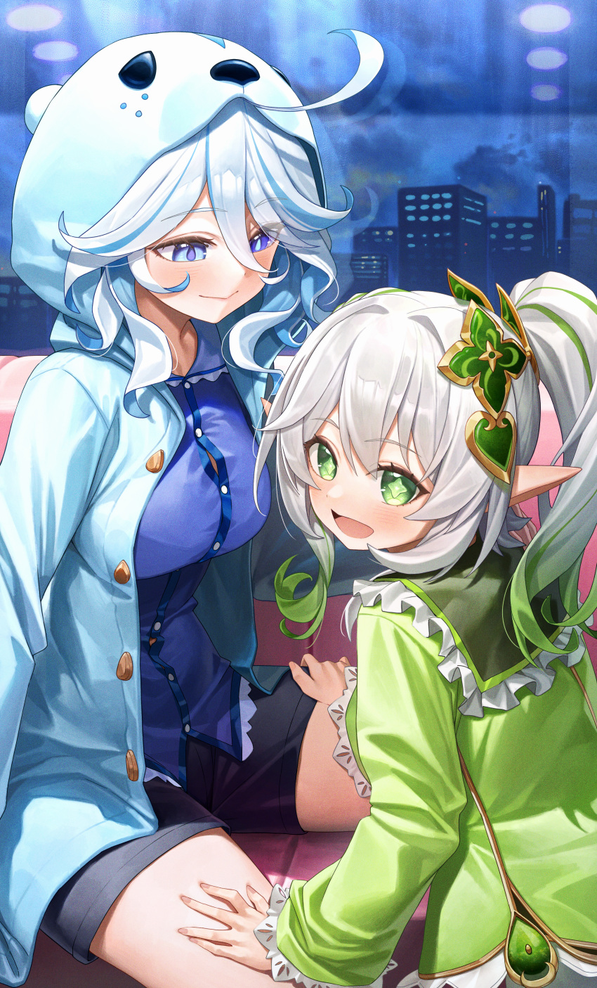 2girls :d absurdres alternate_costume animal_hood black_shorts blue_eyes blue_hair blue_hoodie blue_shirt breasts building closed_mouth commentary contemporary dress furina_(genshin_impact) genshin_impact gradient_hair green_dress green_eyes green_hair hair_between_eyes hair_ornament hand_on_another's_thigh heterochromia highres hood hoodie indoors kishita_yuu large_breasts light_blush long_hair looking_at_another looking_at_viewer multicolored_hair multiple_girls nahida_(genshin_impact) night night_sky open_mouth pointy_ears ponytail shirt shorts sidelocks sky smile streaked_hair symbol-only_commentary white_hair window