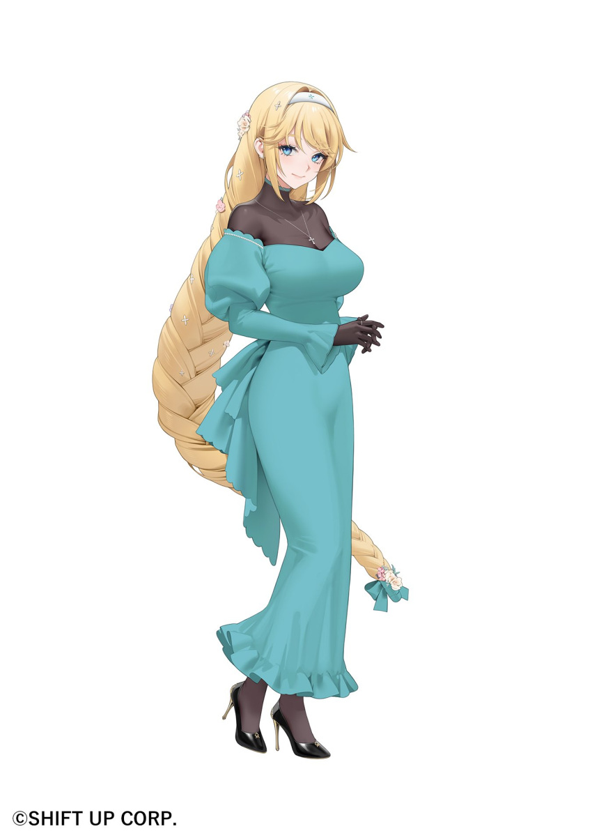 absurdly_long_hair blonde_hair blue_eyes bodysuit bow braid breasts cross cross_necklace earrings female flower full_body gem goddess_of_victory:_nikke hair_flower hair_ornament headband high_heels highres jewelry juliet_sleeves large_breasts light_smile long_hair long_sleeves mermaid_dress necklace ohisashiburi pearl_(gemstone) puffy_long_sleeves puffy_sleeves rapunzel_(nikke) ring single_braid very_long_hair white_background