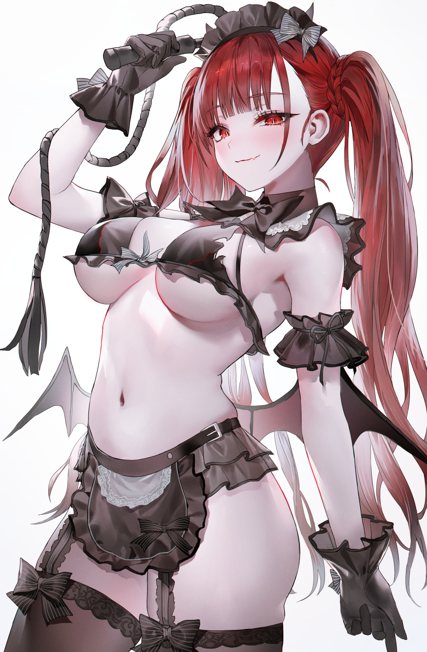 absurdres apron bare_shoulders black_apron black_collar black_gloves black_thighhighs blush breasts closed_mouth collar commentary cowboy_shot demon_wings detached_collar female gloves highres holding holding_whip lace-trimmed_thighhighs lace_trim large_breasts long_hair looking_at_viewer low_wings maid_headdress muaooooo navel original red_eyes red_hair smile solo stomach thighhighs thighs twintails underboob very_long_hair waist_apron wings