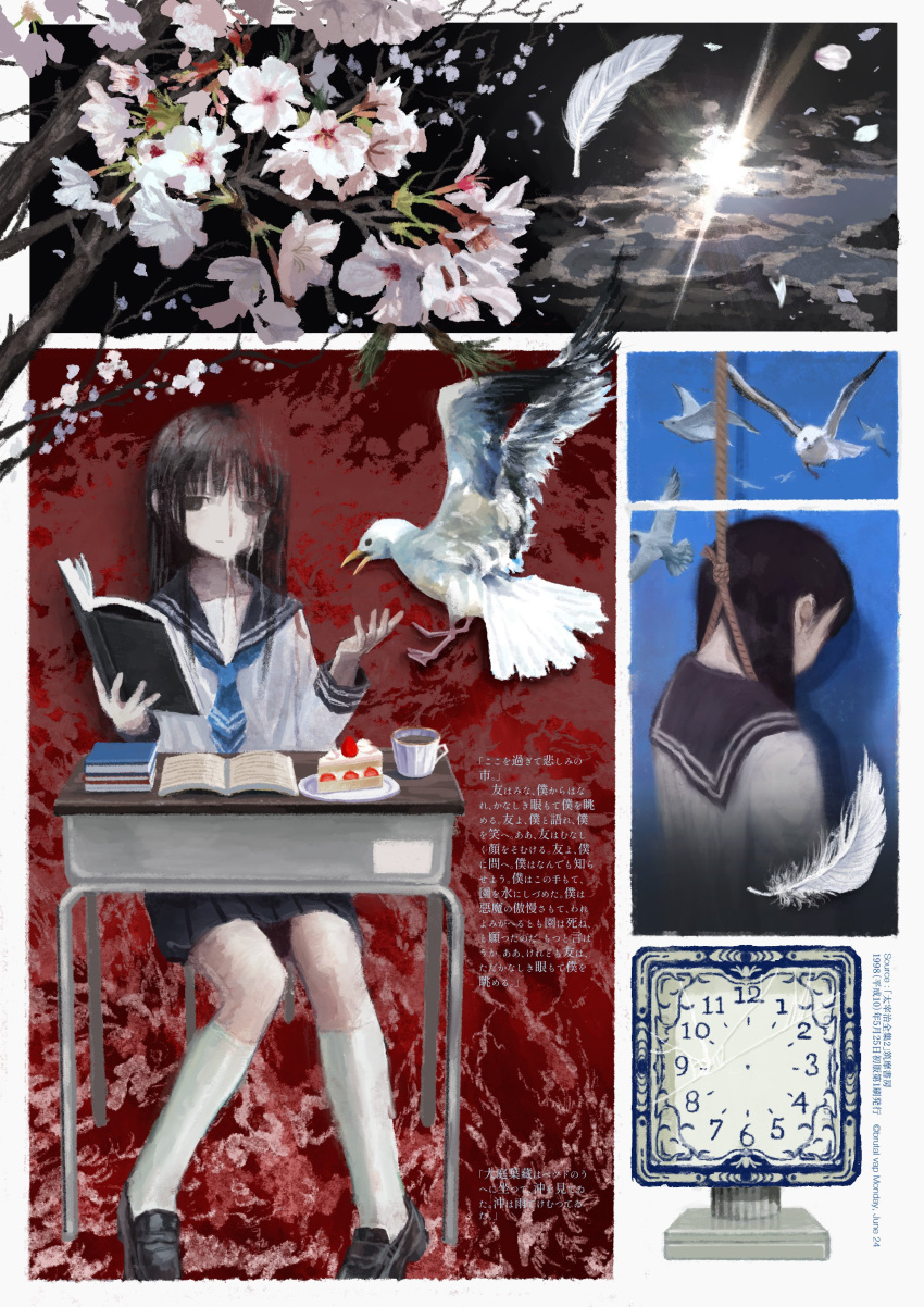 absurdres animal bird black_eyes black_footwear black_hair black_skirt book brutal_vap cake cake_slice clock commentary commission cup desk english_commentary female food hanged highres holding holding_book kneehighs loafers long_hair noose open_book original pleated_skirt rope_around_neck school_desk school_uniform seagull serafuku shoes sitting skirt socks suicide white_socks