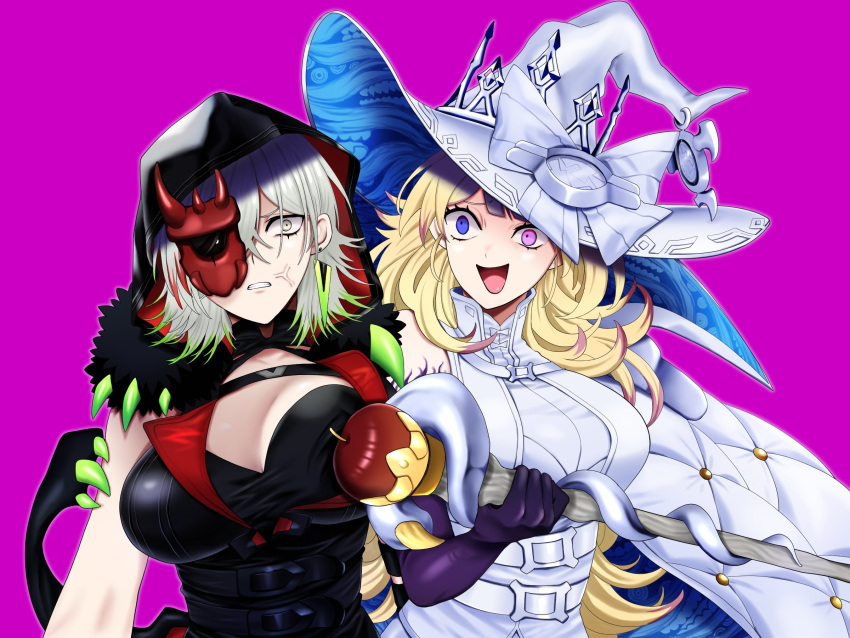 2girls anger_vein blonde_hair breasts cleavage diabellstar_the_black_witch diabellze_the_original_sinkeeper duel_monster green_eyes green_hair grey_hair half_mask hat highres hood hood_up large_breasts long_hair mask medium_hair multicolored_hair multiple_girls olf_factory open_mouth pale_skin purple_hair red_mask smile witch witch_hat yu-gi-oh!