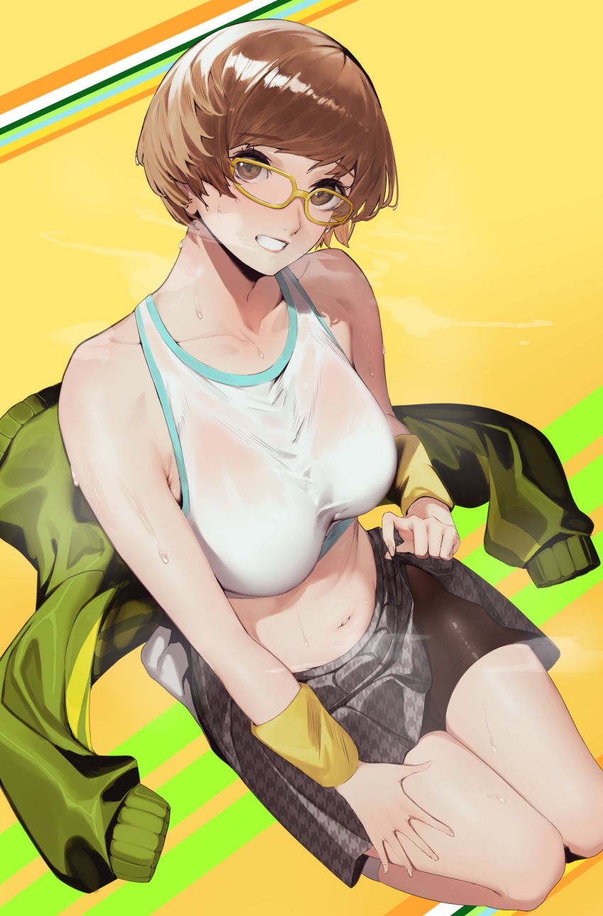 bare_shoulders bike_shorts_under_skirt breasts brown_eyes brown_hair clothes_lift collarbone commentary_request crop_top female full_body gedou_hakurou glasses green_jacket grin highres jacket looking_at_viewer medium_breasts midriff navel no_shoes parted_lips persona persona_4 persona_4:_dancing_all_night persona_dancing pleated_skirt satonaka_chie see-through_clothes see-through_shirt seiza shirt short_hair sitting skirt skirt_lift smile socks solo steaming_body sweat tank_top track_jacket unworn_jacket white_socks white_tank_top wristband yellow-framed_eyewear