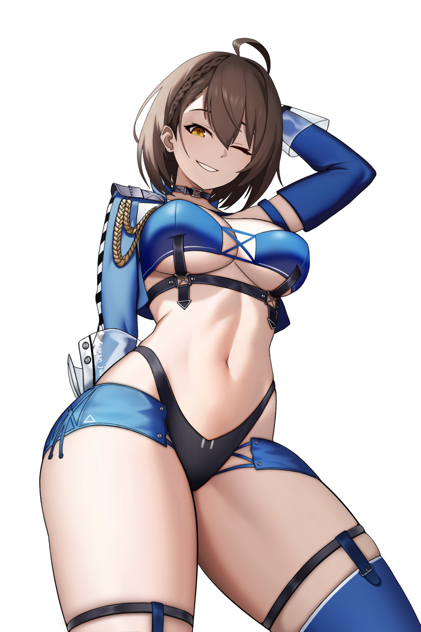 absurdres arm_behind_back arm_up azur_lane baltimore_(azur_lane) baltimore_(finish_line_flagbearer)_(azur_lane) blue_thighhighs blush breasts brown_hair cero_(last2stage) english_commentary female highres large_breasts long_sleeves navel official_alternate_costume one_eye_closed parted_lips race_queen short_hair simple_background smile solo stomach thighhighs thighs white_background yellow_eyes