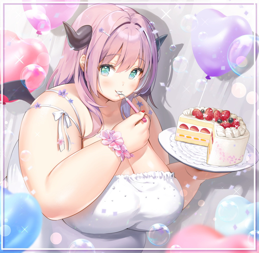 agano_mai aqua_eyes artist_request balloon black_wings blurry blurry_foreground blush border breasts bubble cake cleavage closed_mouth commentary_request diamond_(shape) fat female food fork fruit hair_between_eyes hair_ornament hairclip highres holding holding_fork holding_plate huge_breasts indie_virtual_youtuber long_hair looking_at_viewer mini_wings multicolored_hair outside_border pink_hair plate red_nails second-party_source shadow solo strawberry strawberry_shortcake thick_arms two-tone_hair upper_body virtual_youtuber watermark white_border white_hair wings