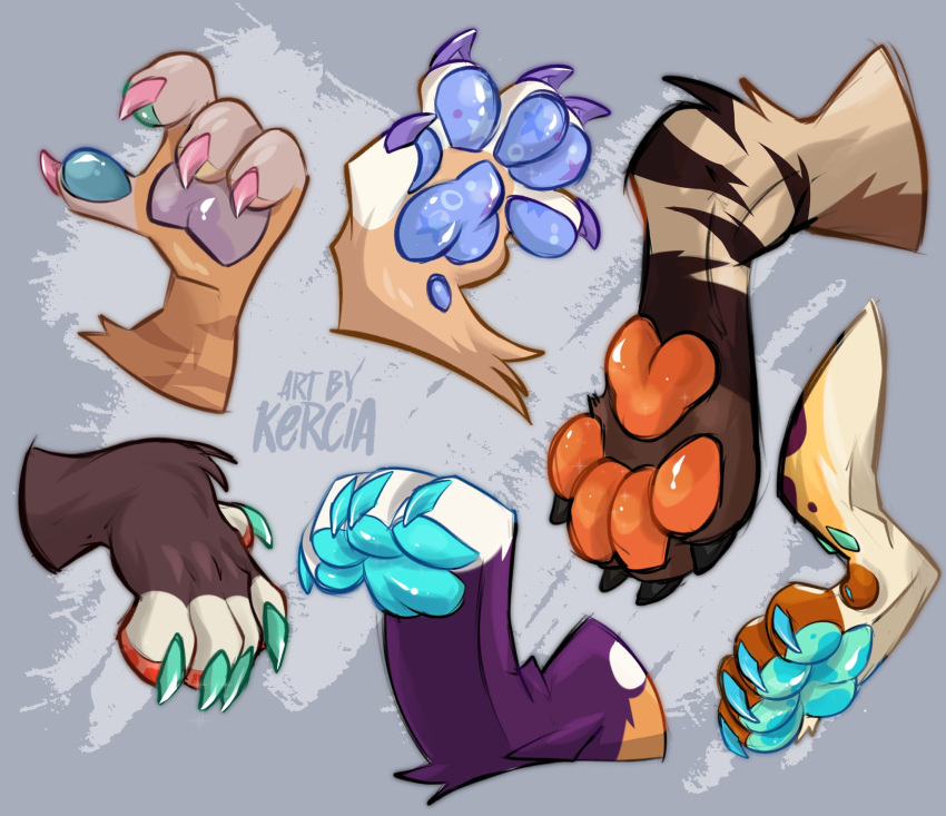 ambiguous_gender anthro blue_pawpads ejaculation feet feral green_paws hands-free hi_res kercia orange_pawpads pawpads paws simple_background zero_pictured