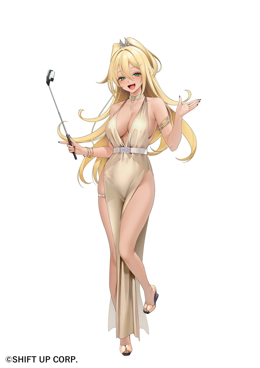 :d armlet bare_legs blonde_hair bracelet breasts bridal_garter eyeshadow female goddess_of_victory:_nikke gold gold_bracelet hair_between_eyes hair_ornament hairpin high_heels highres jewelry large_breasts long_hair makeup nail_polish necklace ohisashiburi red_eyeshadow rupee_(nikke) selfie_stick smile tan v very_long_hair waving