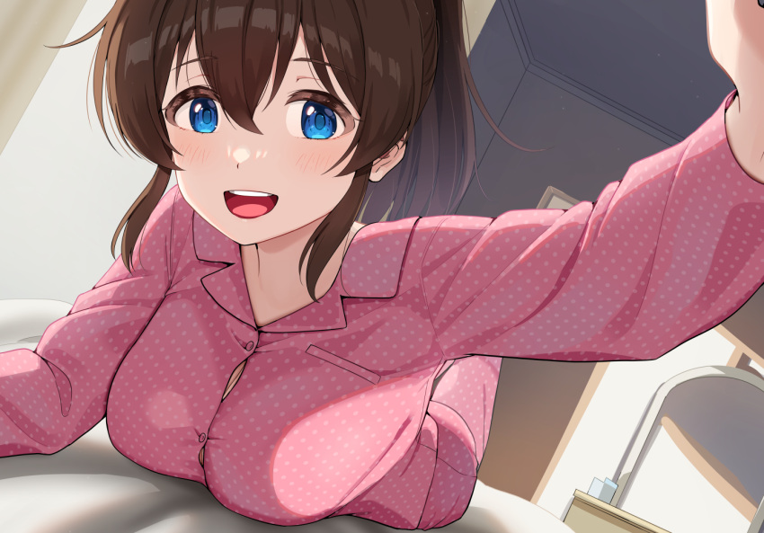 blue_eyes blush breasts brown_hair button_gap commentary_request female idolmaster idolmaster_million_live! indoors kamille_(vcx68) long_sleeves looking_at_viewer lying medium_breasts morning on_stomach pajamas pink_pajamas polka_dot polka_dot_pajamas ponytail pov satake_minako smile solo