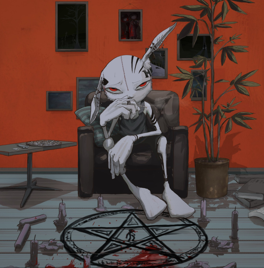 1boy 28_berakhah animal_ears blood blood_on_ground buck_teeth candle couch floor highres indoors jewelry on_couch original pentagram plant poster_(object) potted_plant rabbit_boy rabbit_ears red_eyes ring shorts sitting solo stick_figure table tank_top teeth