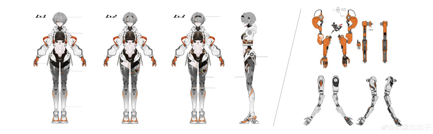 absurdres bare_shoulders black_sports_bra breasts clothing_cutout cropped_jacket female full_body glasses grey_hair hair_ornament hair_over_one_eye highres hood hooded_jacket jacket long_sleeves looking_at_viewer mechanical_arms mechanical_hands mechanical_legs multiple_views narakuuu navel official_art one_eye_covered opaque_glasses open_clothes open_jacket orange_eyes puffy_long_sleeves puffy_sleeves punishing:_gray_raven reference_sheet short_hair shoulder_cutout single_leg_pantyhose sports_bra standing stomach turnaround weibo_logo weibo_watermark white_background white_jacket white_sneakers yata_(pgr)