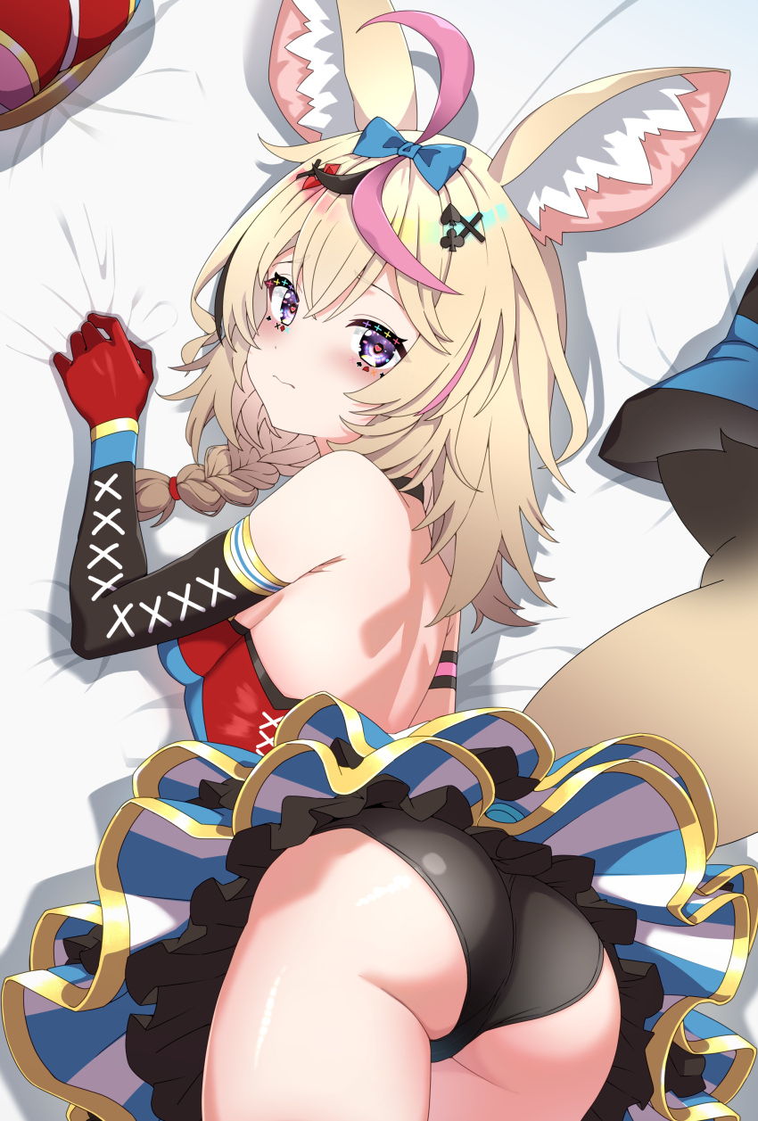 absurdres ahoge animal_ear_fluff animal_ears arm_strap ass backless_shirt bare_back bare_shoulders black_gloves black_hair black_panties blonde_hair blue_bow blue_skirt blush bow braid breasts cloud_hair_ornament club_facial_mark cowboy_shot cross-laced_clothes cross-laced_gloves dakimakura_(medium) elbow_gloves embarrassed facial_mark female fox_ears fox_girl fox_tail gloves hair_between_eyes hair_ornament hairbow hairclip halter_shirt halterneck hat heart heart-shaped_pupils heart_facial_mark highres hololive layered_skirt long_hair looking_at_viewer lying mark_under_eye median_furrow medium_breasts miniskirt multicolored_clothes multicolored_gloves omaru_polka omaru_polka_(1st_costume) on_stomach panties petticoat pink_hair playing_card_theme porco_j purple_eyes red_gloves shirt shoulder_blades side_braid single_braid single_elbow_glove single_glove skirt sleeveless sleeveless_shirt solo spade_facial_mark spade_hair_ornament symbol-shaped_pupils tail underwear unworn_hat unworn_headwear virtual_youtuber x_hair_ornament