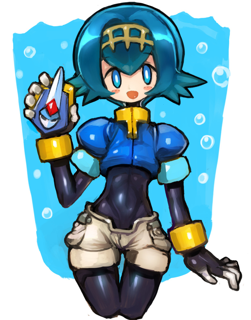 aile_(mega_man_zx) aile_(mega_man_zx)_(cosplay) biometal blue_eyes blue_hair blush blush_stickers bodysuit bracelet bright_pupils bubble commentary cosplay cowboy_shot cropped_jacket dakusuta female hair_between_eyes hair_ornament highres holding jewelry lana_(pokemon) layered_sleeves long_sleeves looking_at_viewer mega_man_(series) mega_man_zx model_l_(mega_man) open_mouth pantyhose_under_shorts pocket pokemon pokemon_sm puffy_short_sleeves puffy_sleeves short_hair short_over_long_sleeves short_shorts short_sleeves shorts skin_tight solo spandex thigh_gap white_pupils white_shorts