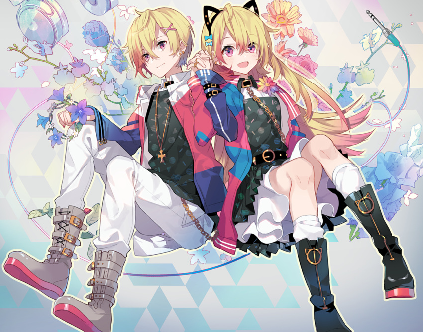 2girls 96neko :d ai_kotoba_iii_(vocaloid) androgynous animal_ears bellflower belt_collar black_dress black_footwear black_shirt blonde_hair blue_bow blue_flower blue_rose boots bow chinese_bellflower closed_mouth collar collared_jacket commentary_request cross cross-laced_footwear cross_necklace dress dual_persona earrings eihi fake_animal_ears flower flower_request grey_footwear hair_ornament hairband hairbow hand_up holding holding_flower holding_hands indie_utaite interlocked_fingers invisible_chair jacket jewelry long_sleeves looking_at_viewer multiple_girls necklace oncidium open_clothes open_jacket open_mouth orchid pants pink_jacket rose shirt sitting smile utaite white_pants wing_collar x_hair_ornament