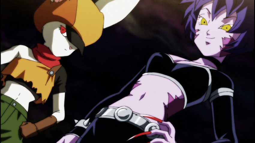 2girls animal_ears breasts claws cleavage crop_top dragon_ball dragon_ball_super feline female flat_chest full_body furry gloves hat hop looking_at_viewer multiple_girls purple_hair purple_skin rabbit red_eyes sorrel yellow_eyes