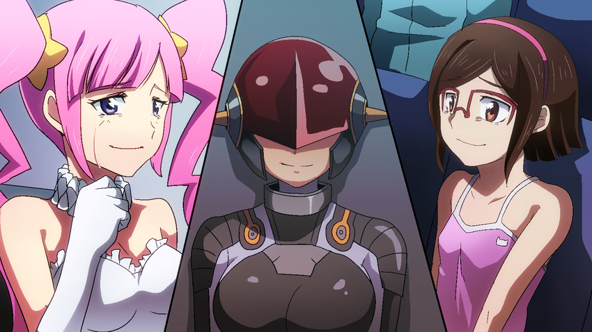 3girls aburai_yui aila_jyrkiainen bare_shoulders blue_eyes bodysuit brown_hair camisole commentary_request elbow_gloves glasses gloves gundam gundam_build_fighters hairband helmet highres kirara_(gundam_bf) kousaka_china long_hair multiple_girls pink_hair red-framed_eyewear short_hair smile tank_top tears twintails