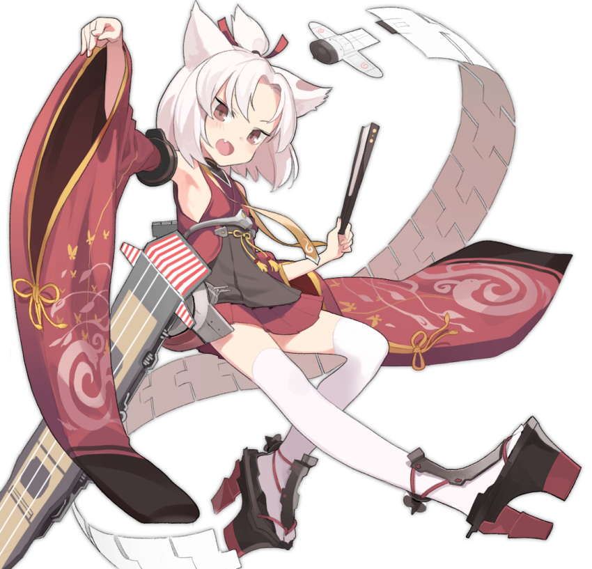 animal_ears arm_up azur_lane bare_shoulders black_footwear blush brown_eyes commentary detached_sleeves doremi_(doremi4704) female folded_fan folding_fan hair_between_eyes hand_fan holding holding_fan japanese_clothes kimono long_sleeves looking_at_viewer oerba_yun_fang open_mouth parted_bangs platform_footwear platform_heels pleated_skirt red_kimono red_skirt short_hair short_kimono shouhou_(azur_lane) shouhou_(retrofit)_(azur_lane) simple_background skirt sleeveless sleeveless_kimono solo tabi thighhighs white_background white_hair white_thighhighs wide_sleeves