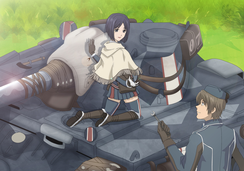 1boy black_eyes black_gloves black_hair blue_thighhighs brown_hair commentary_request edelweiss_(senjou_no_valkyria) eye_contact female gloves grass hat holding isara_gunther jimauso looking_at_another military military_uniform military_vehicle motor_vehicle outdoors pleated_skirt senjou_no_valkyria_(series) senjou_no_valkyria_1 short_hair skirt smile tank thighhighs uniform welkin_gunther