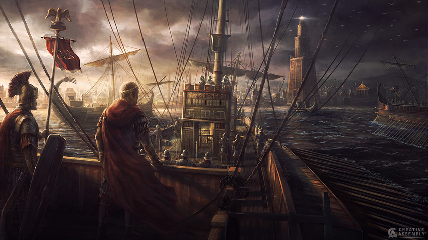 6+boys alexandria armor banner cloud cloudy_sky highres lighthouse multiple_boys ocean outdoors photoshop_(medium) polearm rado_javor roman_empire sail shield ship sky spear total_war watercraft weapon