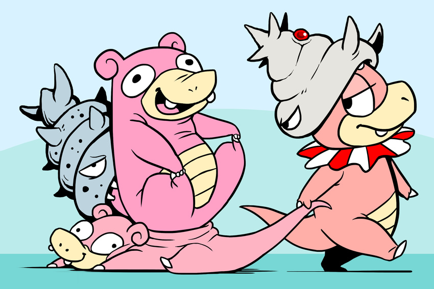 3:2 ambiguous_gender anthro biped blue_background derp_eyes evolutionary_family feral generation_1_pokemon generation_2_pokemon group hi_res humor marine nintendo pokemon pokemon_(species) quadruped shellder shellder_(slowbro) shellder_(slowking) simple_background slowbro slowking slowpoke smile tail tail_grab zerochan923600