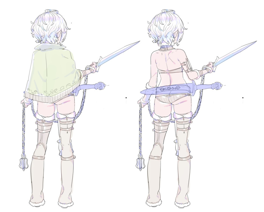 arm_strap ass back ball_and_chain bare_shoulders boots bracer brown_panties chains closed_mouth contrapposto facing_away female from_behind fur_trim holding holding_sword holding_weapon multiple_views nagisa_kurousagi original panties short_hair simple_background sword thigh_boots thighhighs underwear weapon white_background white_hair