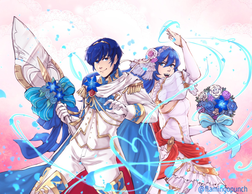 1boy bare_shoulders blue_eyes blue_hair bouquet bridal_veil bride caeda_(bridal)_(fire_emblem) caeda_(fire_emblem) commentary_request couple dress elbow_gloves female fire_emblem fire_emblem:_mystery_of_the_emblem fire_emblem_heroes flamingo_(eme324) flower formal gloves groom highres husband_and_wife jewelry long_hair marth_(fire_emblem) marth_(groom)_(fire_emblem) necklace open_mouth pegasus_knight_uniform_(fire_emblem) smile straight strapless suit tiara tuxedo veil weapon wedding wedding_dress white_dress white_flower white_gloves